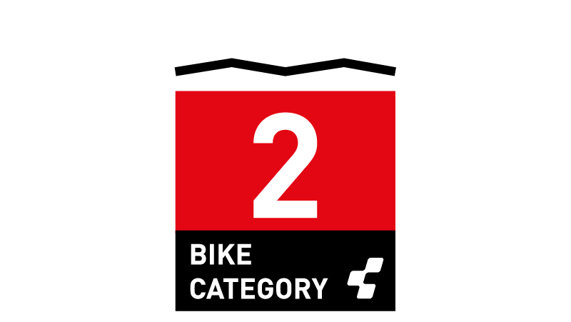 Ein rot-schwarzes Badge mit der Zahl 2 über dem Schriftzug BIKE CATEGORY, einem kleinen weißen Icon in Form eines stilisierten Pluszeichens in der unteren rechten Ecke und einer dezenten Anspielung auf das Design von CUBE Fahrrad aus Deggendorf.