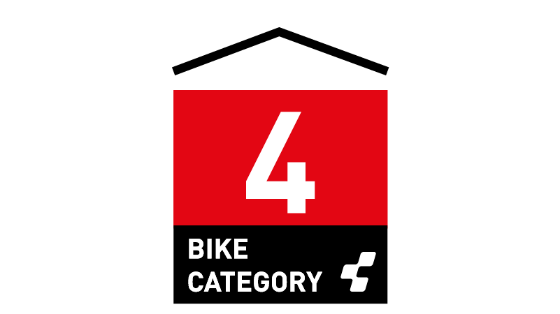 Rot-schwarzes Etikett mit großer weißer Ziffer 4. Darunter steht in weißem Text BIKE CATEGORY, was auf die CUBE Fahrradmodelle verweist. Unten rechts ist ein weißes geometrisches Logo abgebildet.